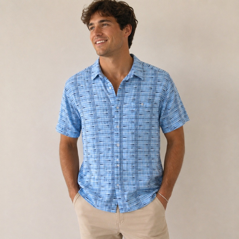 Knightsbridge Men's XL Blue Plaid 100% Rayon Button Up Camp Shirt